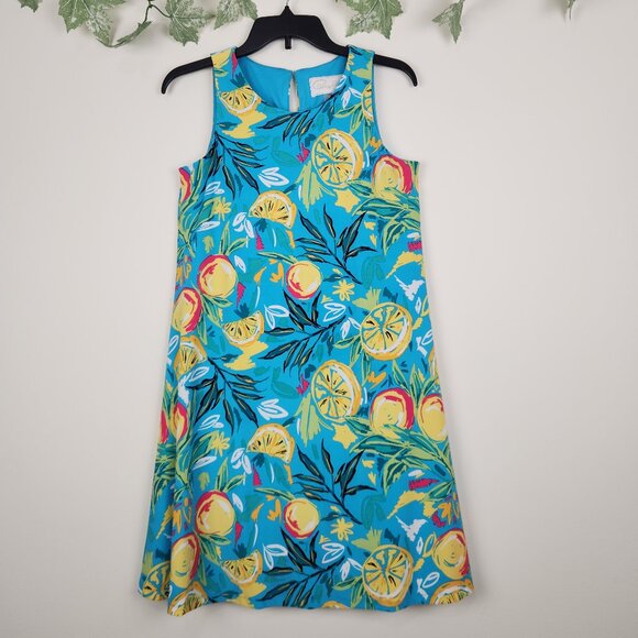 Pappagallo Size XS Blue Yellow Citrus Print Sleeveless Stretch Women's Dress - Picture 1 of 7
